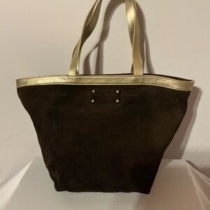 Kate Spade Dark Brown Suede Tote with Gold Trim